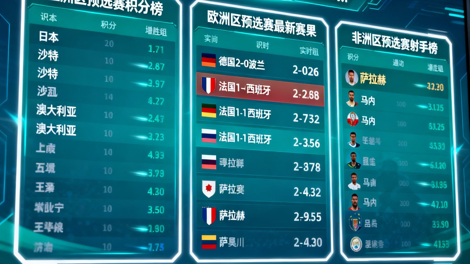 2026世界杯预选赛实时比分大屏展示，各大洲球队积分榜与最新赛果