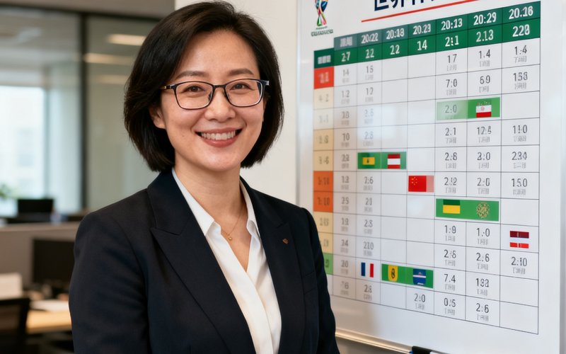 首席数据官张琳，女性，戴眼镜，站在世界杯赛程白板前微笑